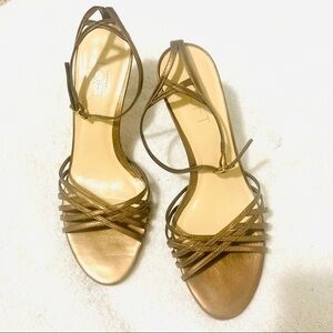 LOFT Y2K brown metallic ankle straps heels sandals women size 5.5 Brazil leather